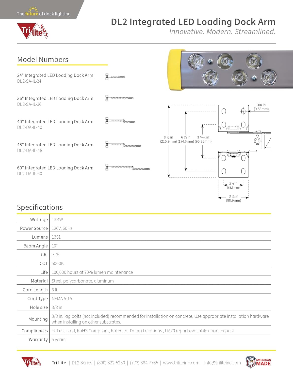 TriLite DL2 "IL" Integrated LED Loading Dock Lights - Single & Double Arm Dock Lighting with LEDs Embedded in Arm