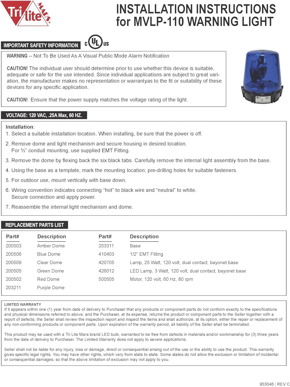 TriLite MVLP Rotating Incandescent Warning Beacon Lights