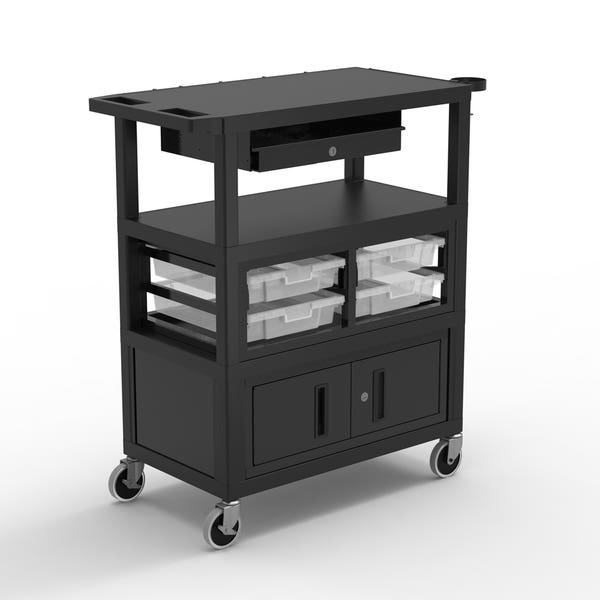 Luxor 32" x 18" Deluxe Teacher Cart with Locking Cabinet, Storage Bins, Keyboard Tray, Pocket Chart Hooks