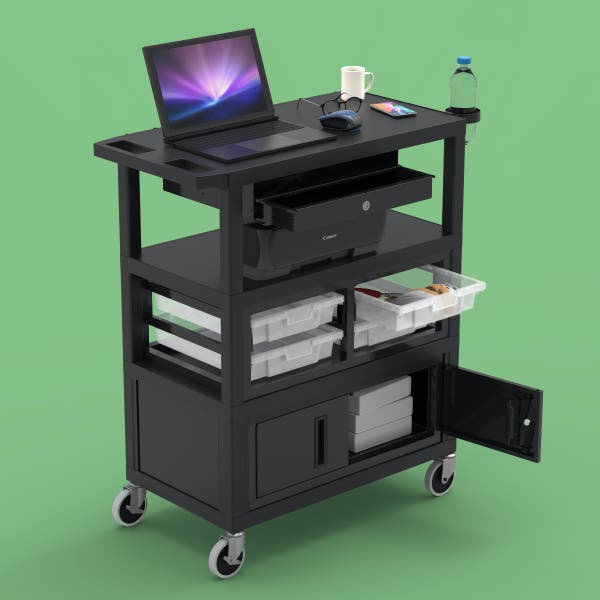 Luxor 32" x 18" Deluxe Teacher Cart with Locking Cabinet, Storage Bins, Keyboard Tray, Pocket Chart Hooks